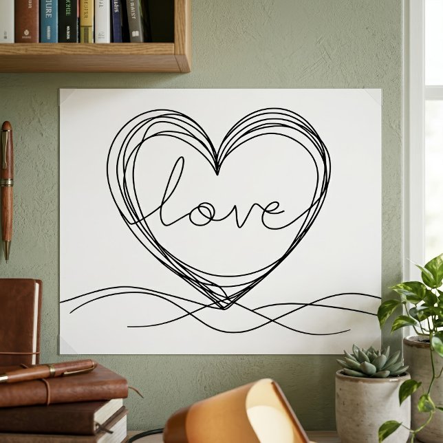 Herz mit "Liebe" in Continuous Line Art Poster (Heart with Love Continuous Line Art Design. Poster)