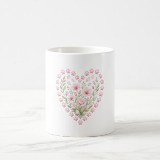 Herz mit Pfotenabdruck und rosa Blumen Kaffeetasse