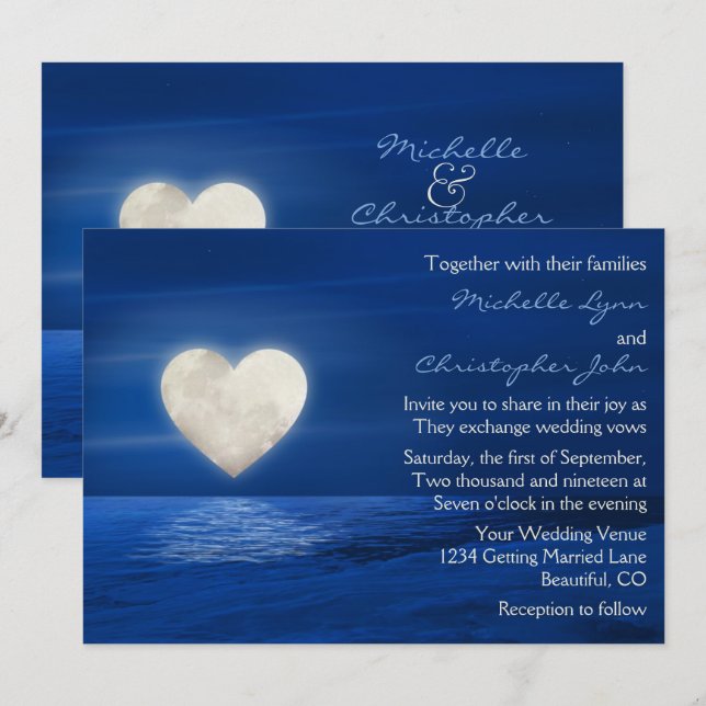 Herz Moon und Snowy Beach Winter Hochzeit Einladung (Vorne/Hinten)