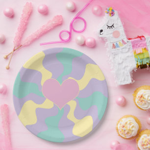 Herz - Pastellrosa, gelb, Lila und grün Pappteller