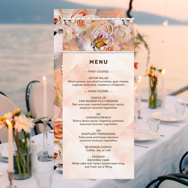 Herz Perlen Orange Rose Butterflies Hochzeit Menükarte (Heart Pearls Orange Roses Butterflies Wedding Menu Outside wedding menu, menu card, reception)