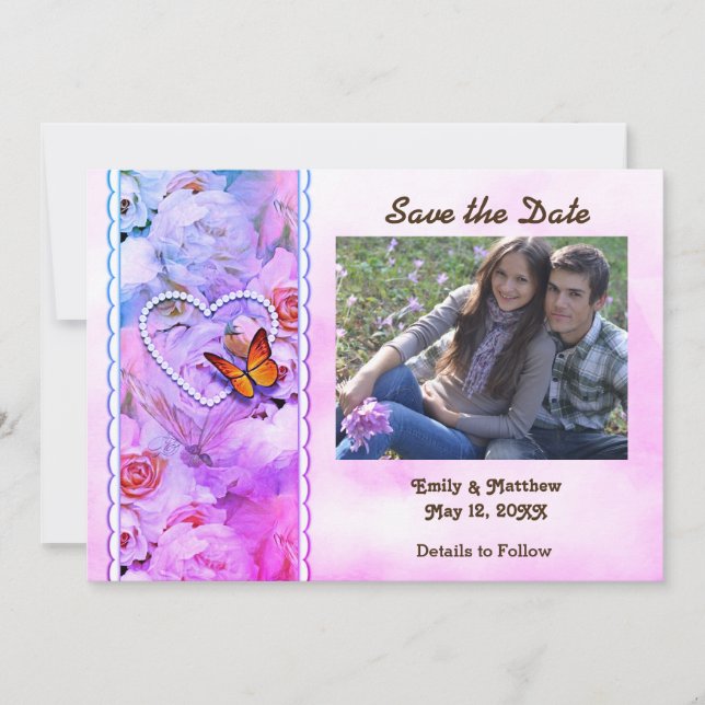 Herz-Perlen, rosa Rosen, Schmetterlinge Rett Datum Save The Date (Vorderseite)