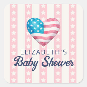 Herz & Rosa Sterne Streifen Mädchen Baby Shower Quadratischer Aufkleber