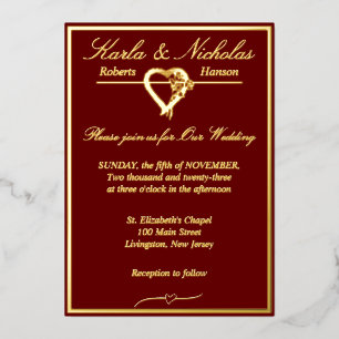 Herz & Rose, Burgund Wedding Gold Full Folieneinladung