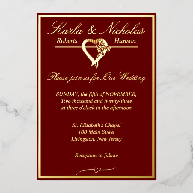Herz & Rose, Burgund Wedding Gold Full Folieneinladung (Vorderseite)