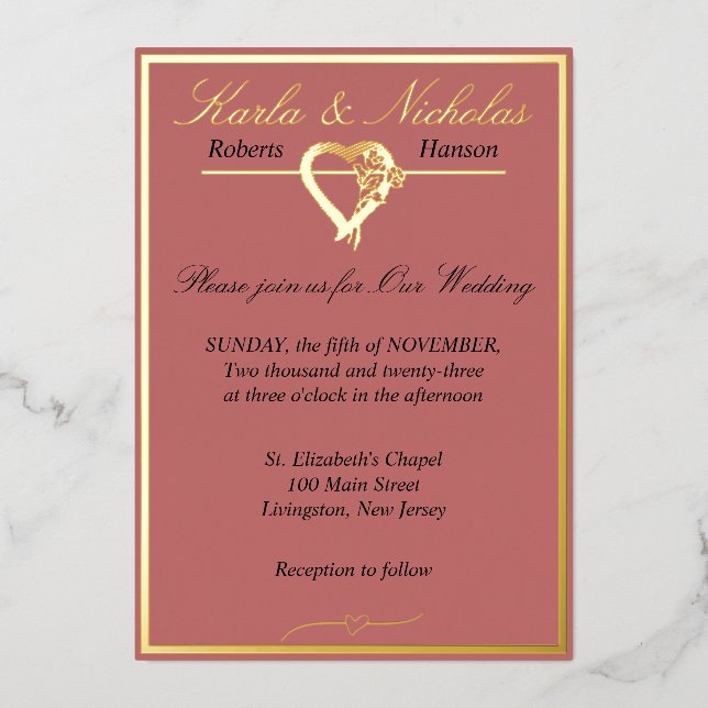 Herz & Rose, Cinnamon Rose Wedding Folieneinladung (Vorderseite)
