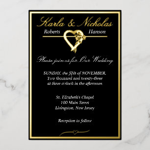 Herz & Rose, elegante Schwarze Hochzeit, breite Gr Folieneinladung