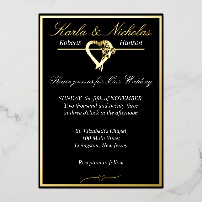 Herz & Rose, elegante Schwarze Hochzeit, breite Gr Folieneinladung (Vorderseite)
