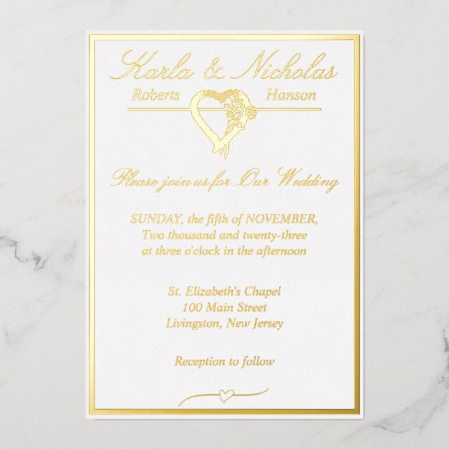 Herz & Rose, elegante Weiße Hochzeit, Gold Vollpen Folieneinladung (Vorderseite)