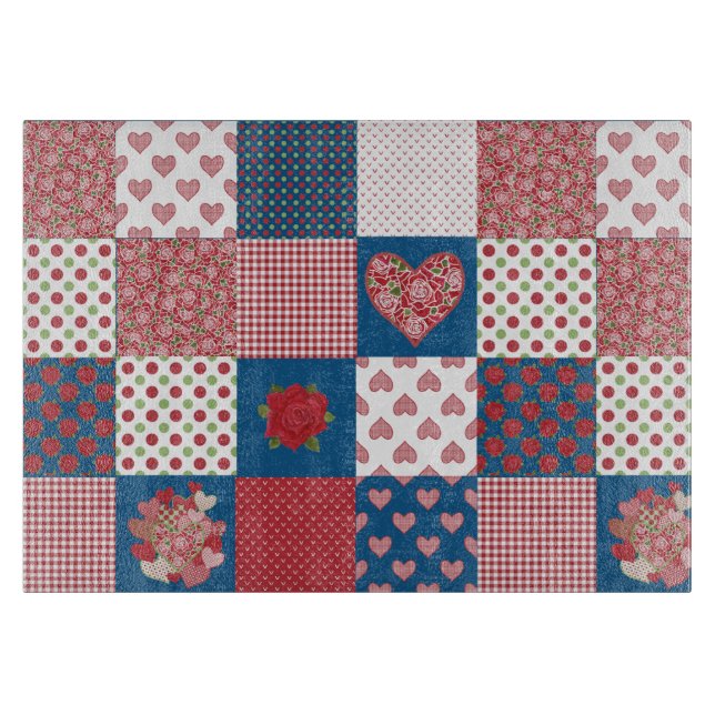 Herz, Rose Imitate Patchwork Glas-Schneidebrett Schneidebrett (Vorderseite)