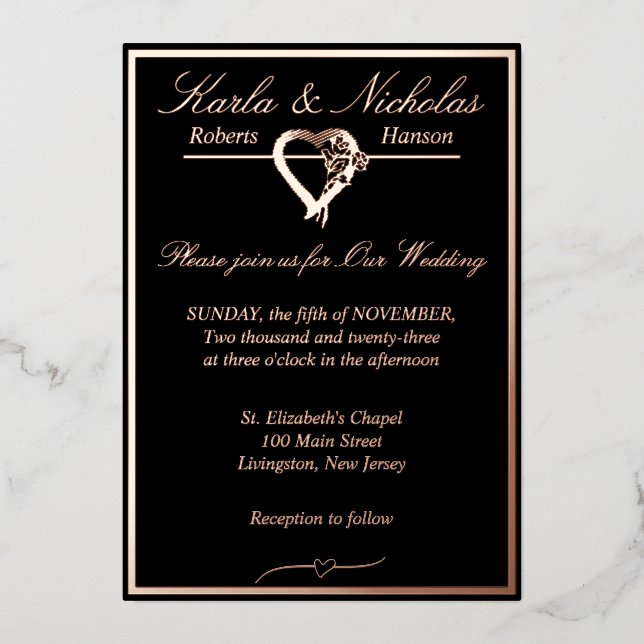 Herz & Rose, Schwarze Hochzeit, Rose Gold Vollvers Folieneinladung (Vorderseite)