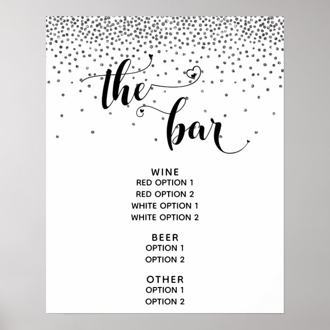 Herz Schrift & Silber Konfetti "The Bar" Menü Schi Poster (Vorne)
