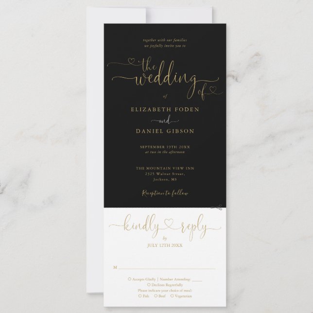 Herz-Script schwarz und Gold in einer Hochzeit Einladung (Vorderseite)