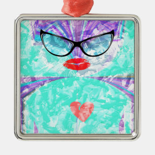 Herz-Selfie-Whimsical-Porträt Türkiser Hintergrund Silbernes Ornament