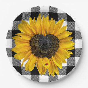 Herz Sonnenblume Ladybug auf Buffalo Kariert Pappteller