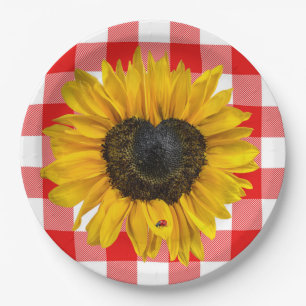 Herz Sonnenblume Ladybug auf Buffalo Kariert Pappteller