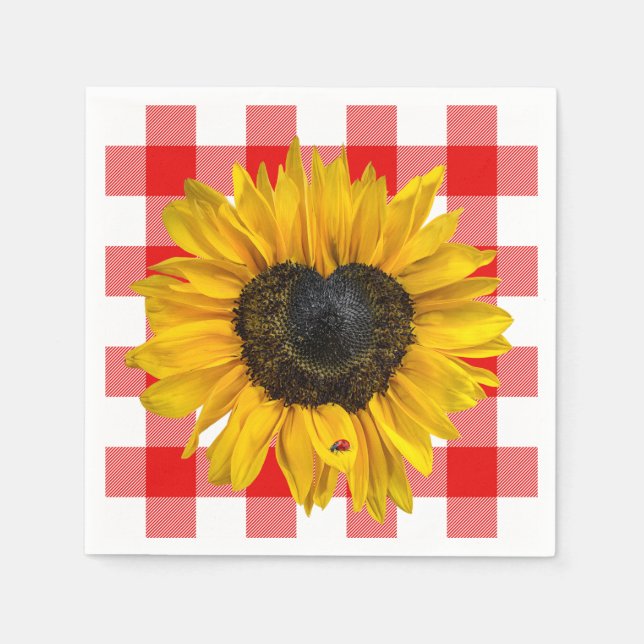 Herz Sonnenblume Ladybug auf Buffalo Kariert Serviette (Vorderseite)