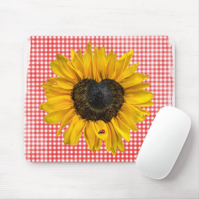 Herz Sonnenblumen und Ladybug auf Gingham Mousepad (Mit Mouse)