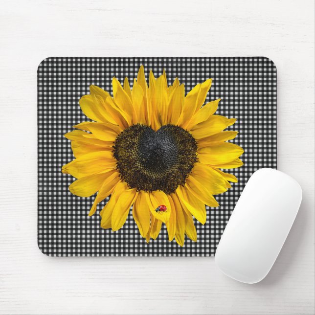 Herz Sonnenblumen und Ladybug auf Gingham Mousepad (Mit Mouse)