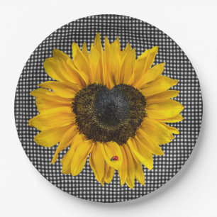 Herz Sonnenblumen und Ladybug auf Gingham Pappteller