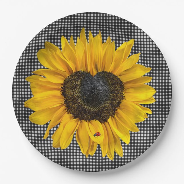 Herz Sonnenblumen und Ladybug auf Gingham Pappteller (Vorderseite)