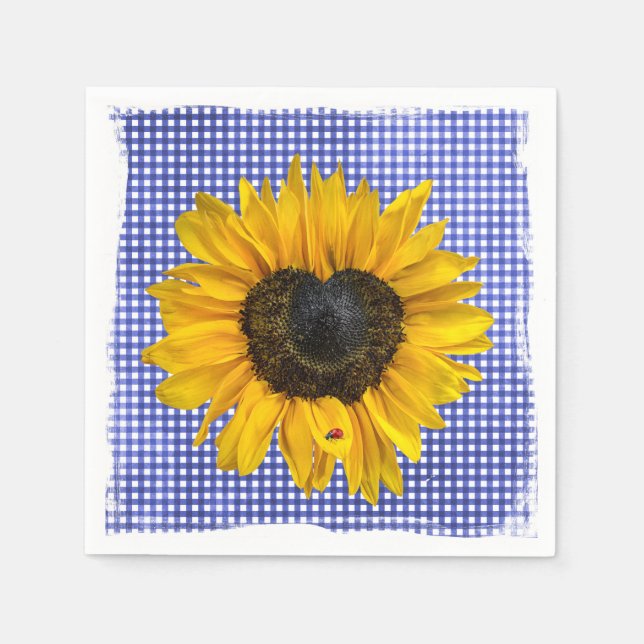 Herz Sonnenblumen und Ladybug auf Gingham Serviette (Vorderseite)