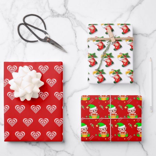 Herz, Strumpf und Weihnachts-Elf auf Rot Geschenkpapier Set (Vorderseite)