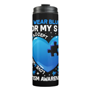 Herz trage ich Blau für mein Sohn Autismus Bewusst Thermosbecher