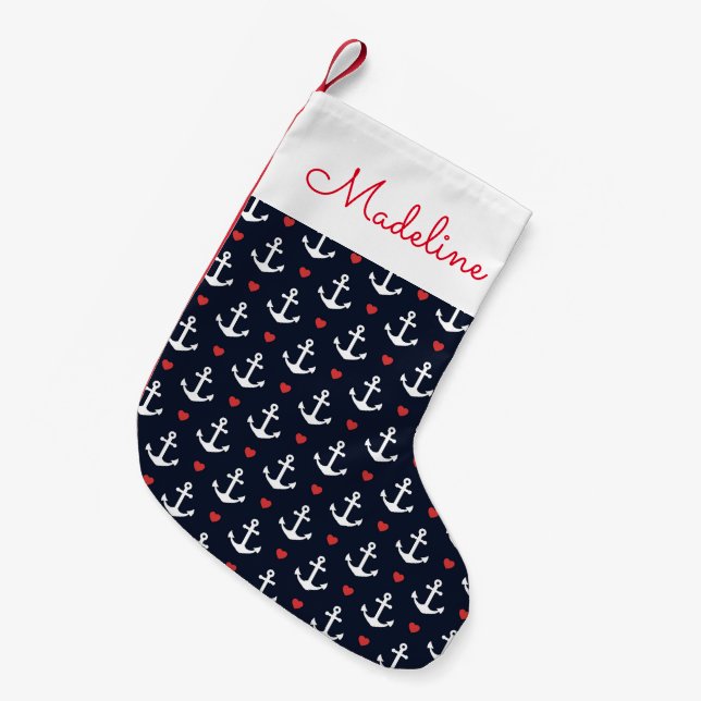 Herz- und Ankermuster| Name hinzufügen Kleiner Weihnachtsstrumpf (Vorderansicht (hängend))