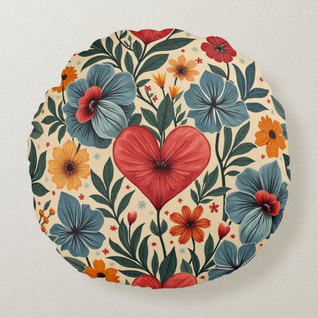 Herz und Blume Rundes Kissen (Vorderseite)