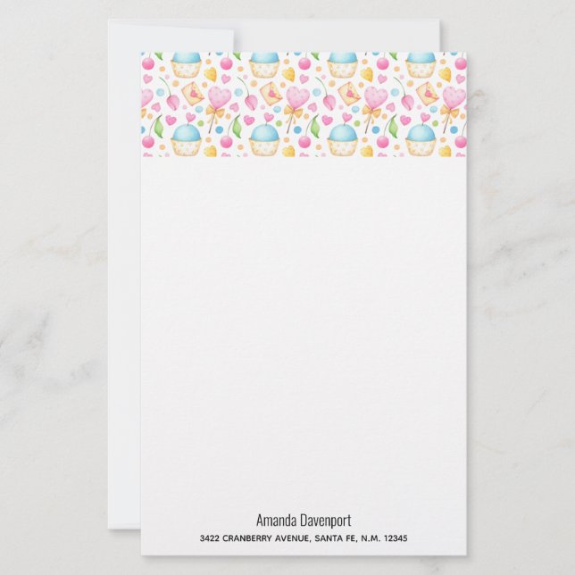 Herz und Cupcakes Delikates Wasserfarbenes Muster Briefpapier (Vorderseite)