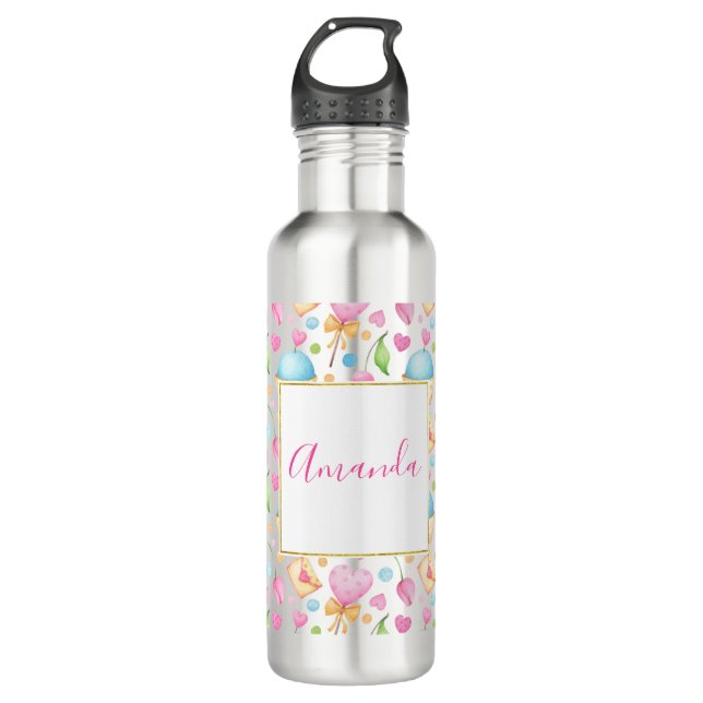 Herz und Cupcakes Süßes Aquarellmuster Edelstahlflasche (Vorderseite)