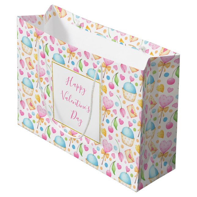 Herz und Cupcakes Süßes Aquarellmuster Große Geschenktüte (Vorderseite Schrägansicht)