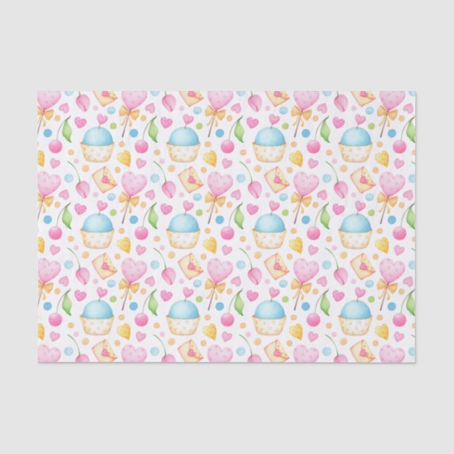 Herz und Cupcakes Süßes Aquarellmuster Seidenpapier (Vorderseite)