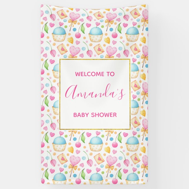 Herz und Cupcakes Wasserfarben Muster Kinderdusche Banner (Vertikal)