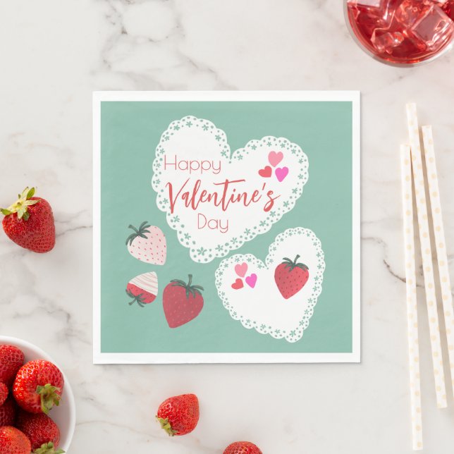 Herz und Erdbeeren Happy Valentines Day Serviette (Beispiel)