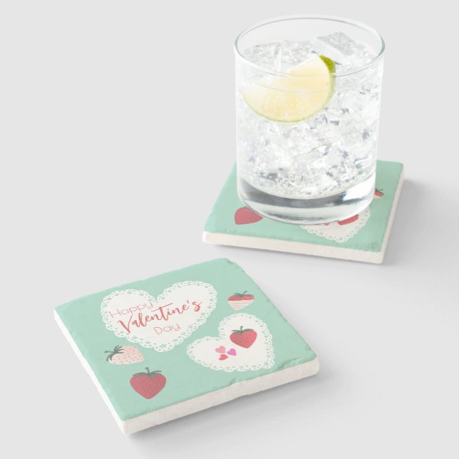 Herz und Erdbeeren Happy Valentines Day Steinuntersetzer (Seitenansicht)