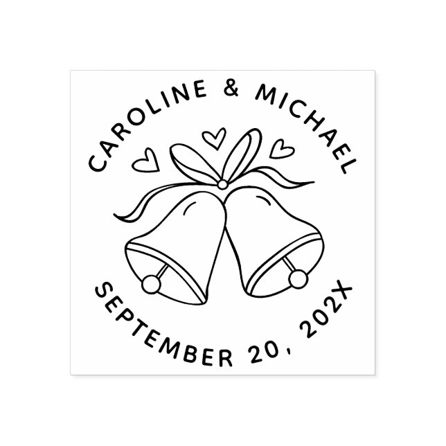 Herz und Glocken | Round Names & Date Wedding Gummistempel (Prägung)