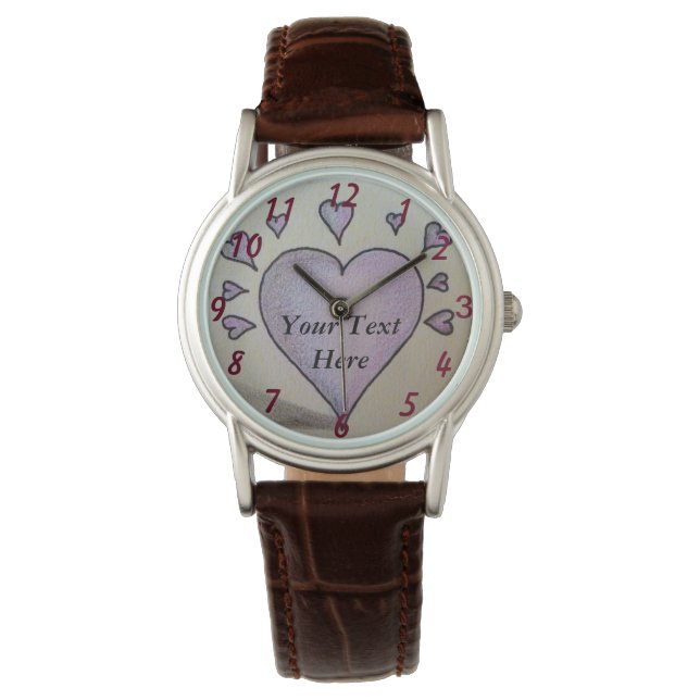 Herz und kleine lila Herzen, romantisch gemalt Armbanduhr (Vorderseite)