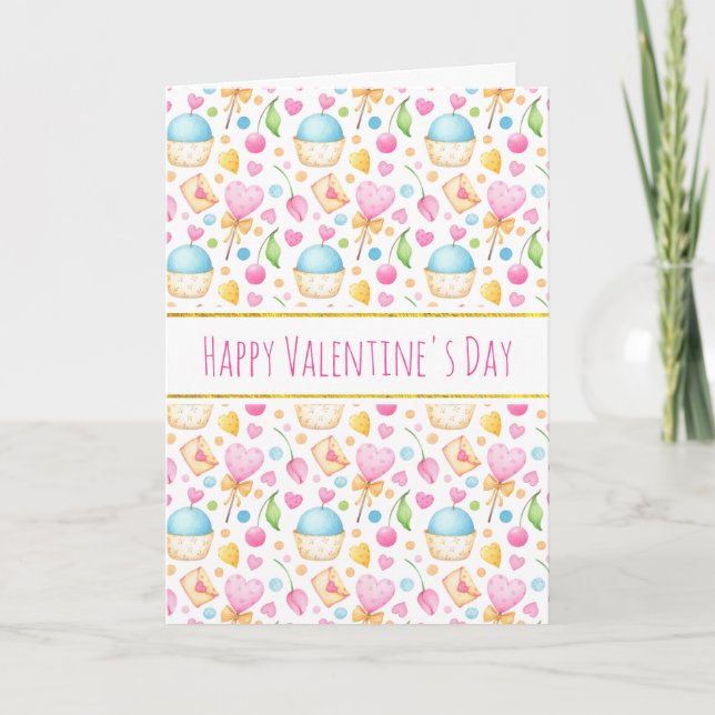 Herz und Liebe Wasserfarbenes Muster Valentins Karte (Vorderseite)