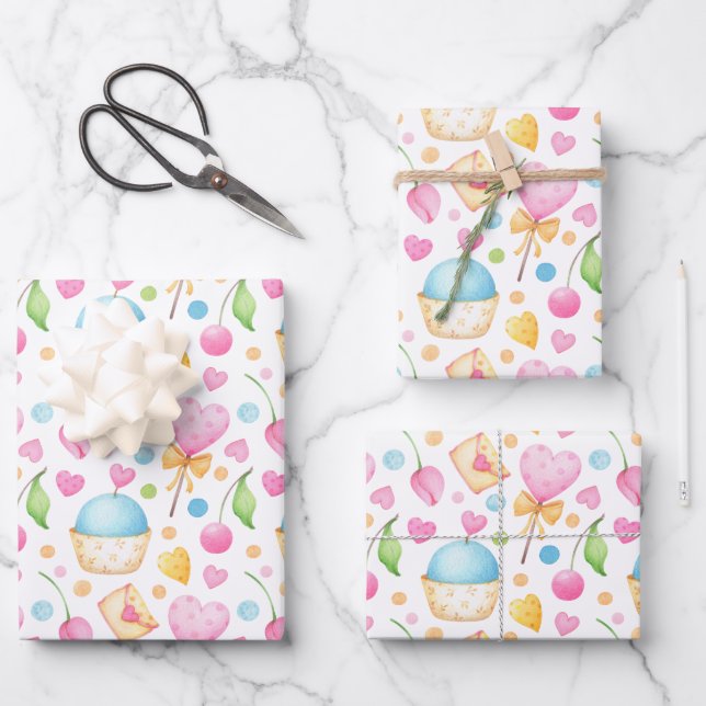 Herz und Muffins Deluxe Wasserfarben Muster Geschenkpapier Set (Vorderseite)