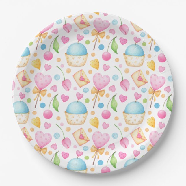 Herz und Muffins Deluxe Wasserfarben Muster Pappteller (Vorderseite)