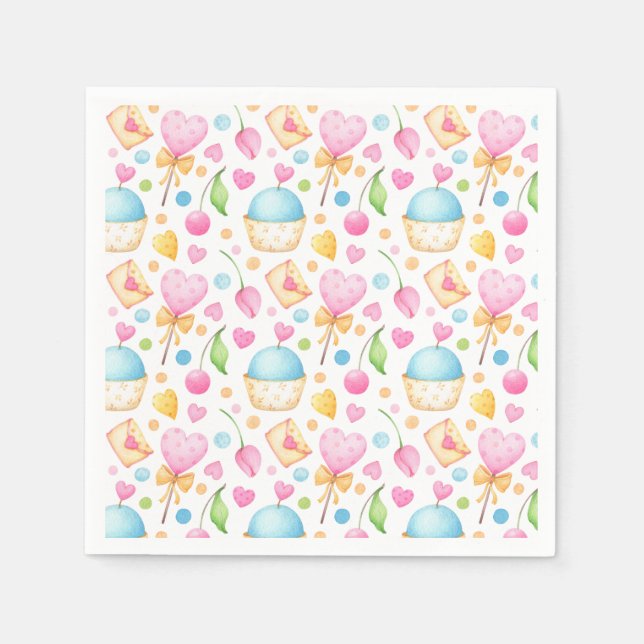 Herz und Muffins Deluxe Wasserfarben Muster Serviette (Vorderseite)