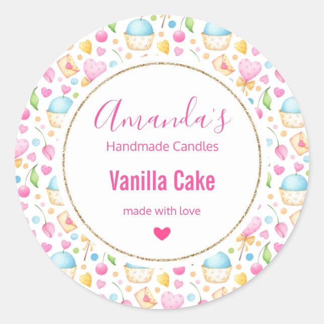 Herz und Muffins Wasserfarben Muster Candle Biz Runder Aufkleber (Vorderseite)