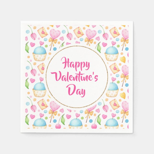 Herz und Muffins Wasserfarben Muster Valentine Serviette (Vorderseite)