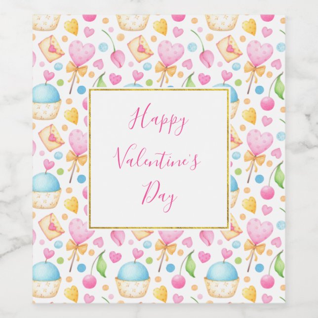 Herz und Muffins Wasserfarben Muster Valentine Weinetikett (Einzelnes Label)