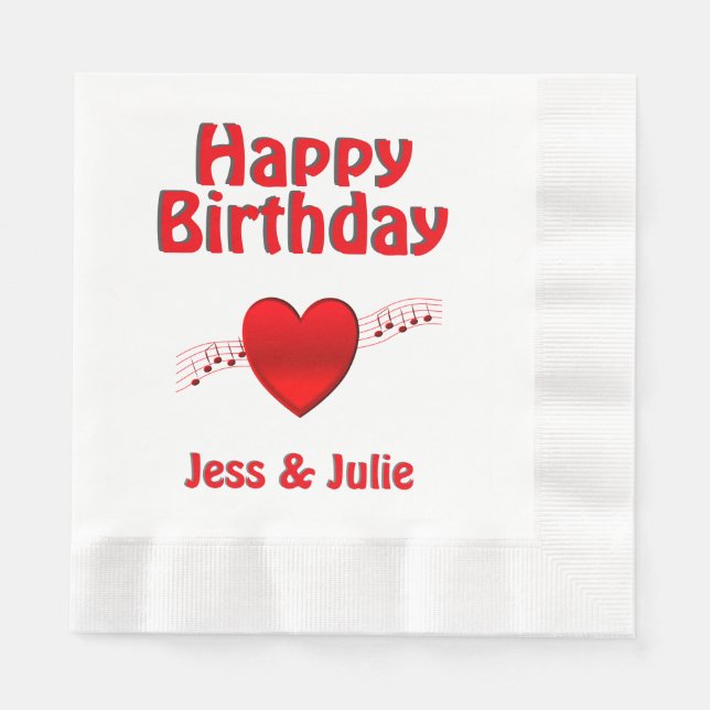 Herz und Musik zum Geburtstag Serviette (Vorderseite)