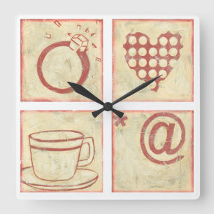 Herz und Ring Woodblock Zeichnungen Quadratische Wanduhr