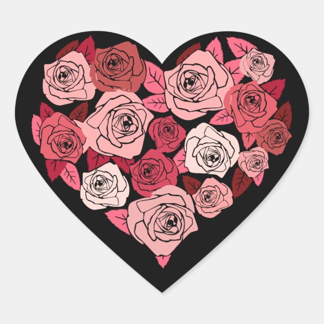 Herz und Rosa Rosen auf schwarzem Sticker-Siegel Herz-Aufkleber (Vorderseite)