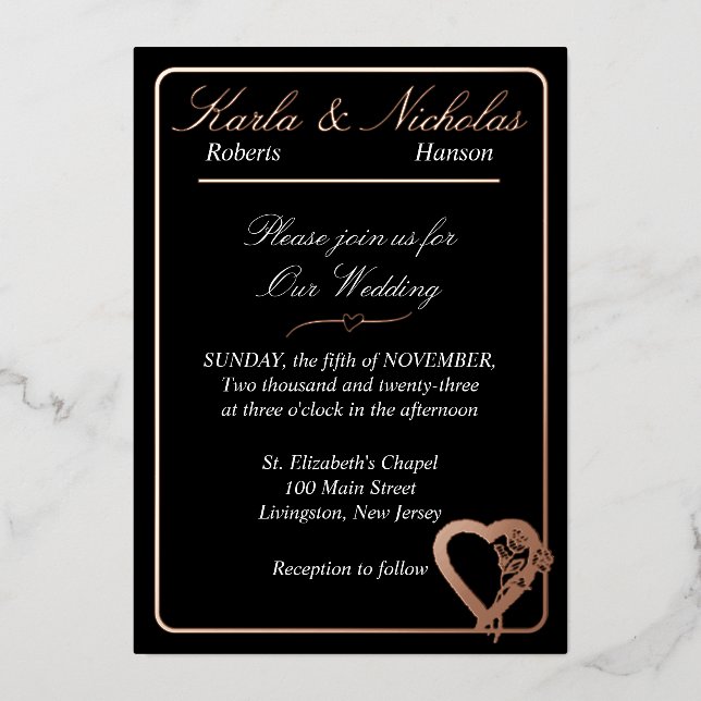 Herz und Rose Blume, elegante Schwarze Hochzeit Folieneinladung (Vorderseite)